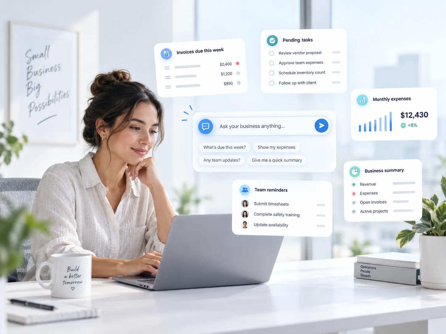 Small business owner using Napdav AI assistant to review invoices, tasks, expenses and business summaries.