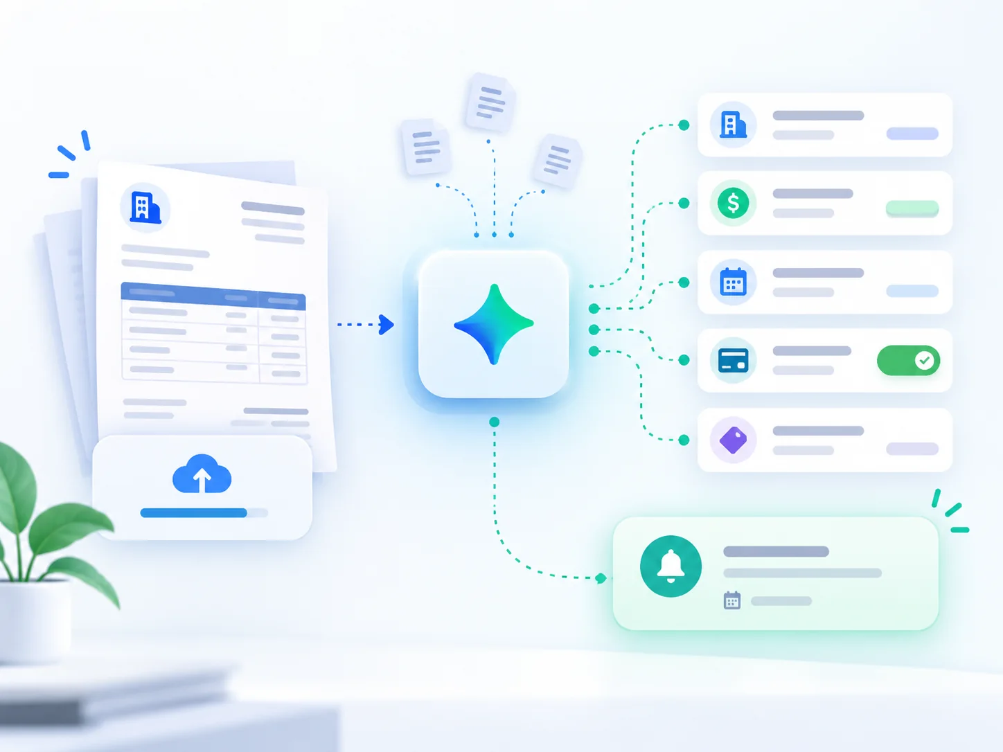 AI invoice processing workflow extracting vendor, amount, payment status and due-date information.